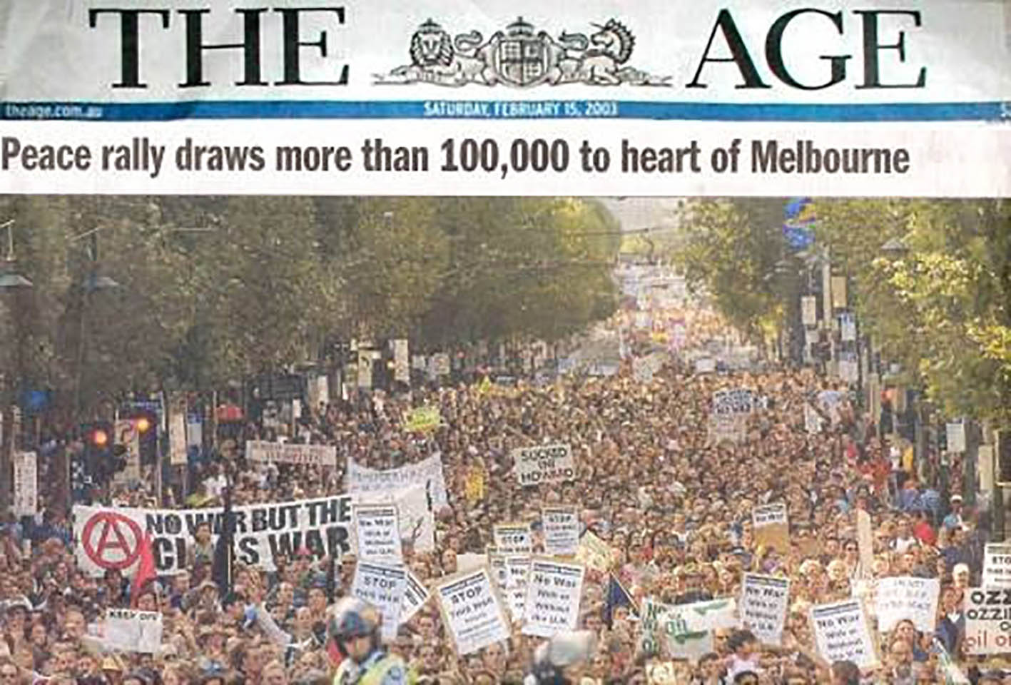 Front page of the Age reporting on Melbourne's big anti-war protest of 15 February 2003